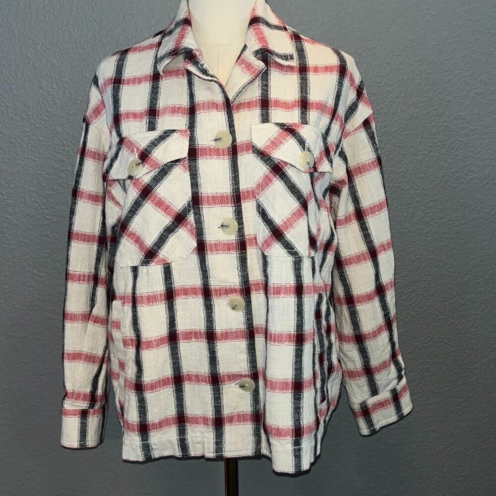 ZARA Plaid Oversized Italian Fabric Shacket Shirt Jacket - Cream Red & Black XS